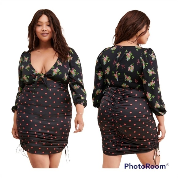 FOR LOVE & LEMONS Wilson Mixed Print Front Cutout Ruched Midi Dress Size 1X - Picture 3 of 11